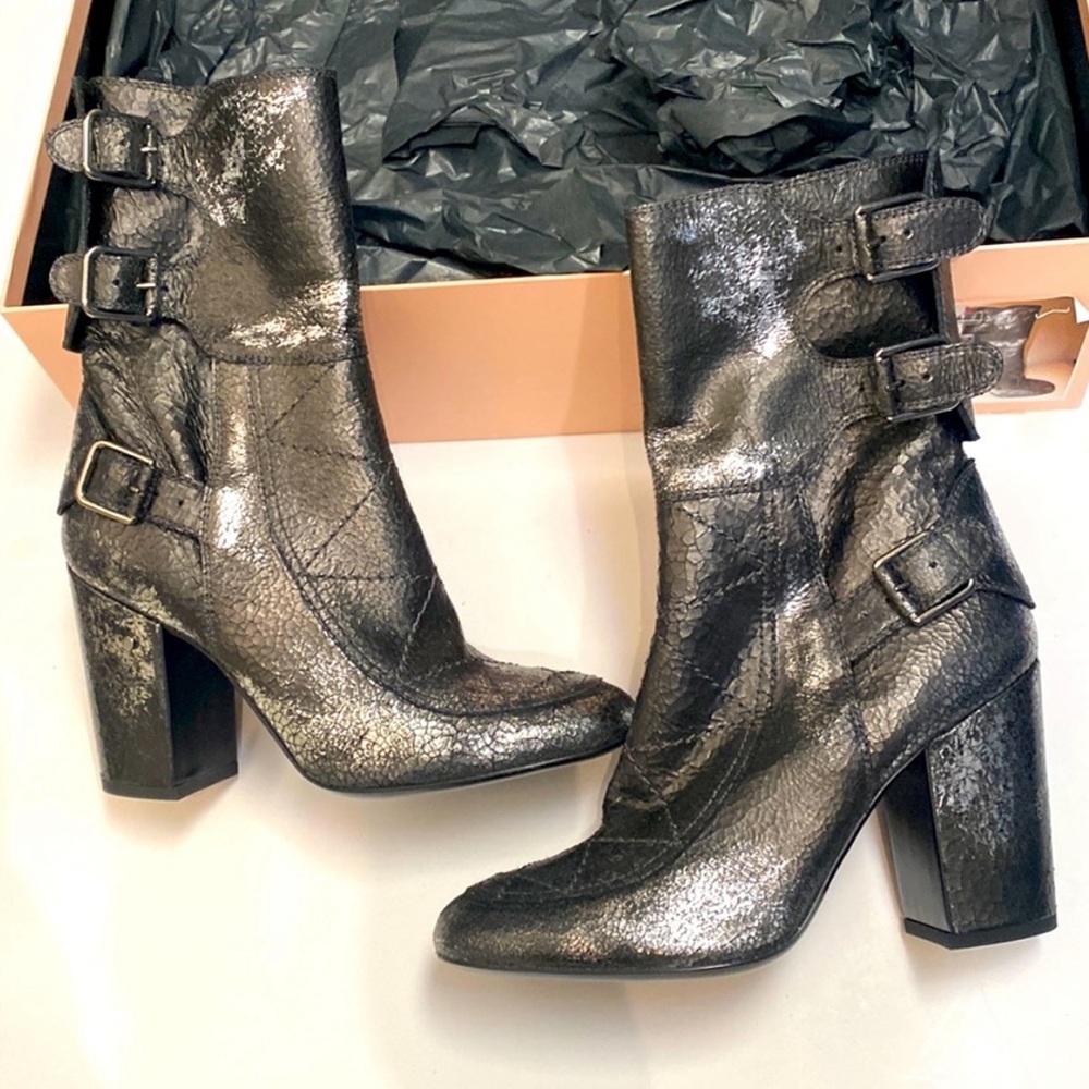 Laurence Dacade Merli Boots Metallic Leather Black Silver Buckles Heeled Booties